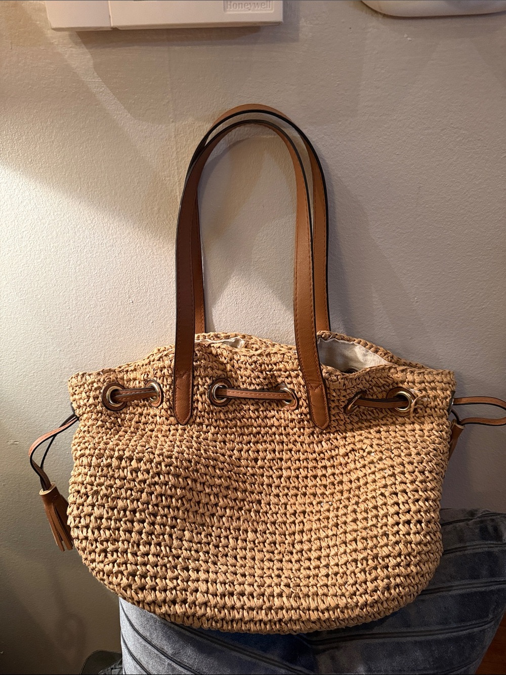 Tommy Bahama Woven Straw Tote Bag with Leather Handles - Natural Brown
